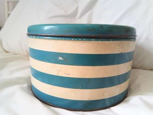Vintage blue and white striped cake tin