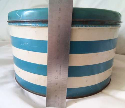 Vintage blue and white striped cake tin