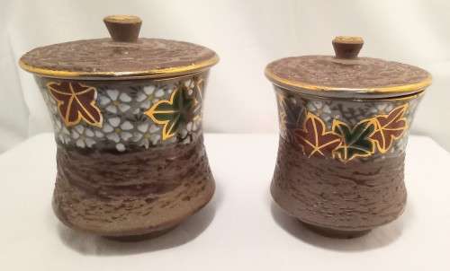 Two Exquisite vintage Japanese Kutani Yaki lidded jars with resist and cloisonne style glaze