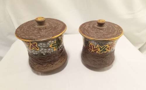 Two Exquisite vintage Japanese Kutani Yaki lidded jars with resist and cloisonne style glaze