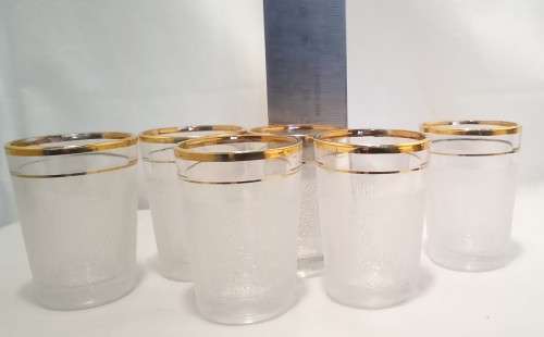 Six vintage sugar frosted gold rimmed shot glasses