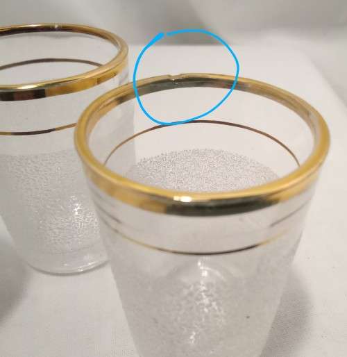 Six vintage sugar frosted gold rimmed shot glasses