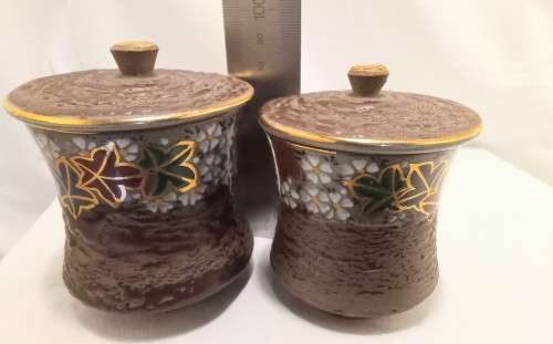 Two Exquisite vintage Japanese Kutani Yaki lidded jars with resist and cloisonne style glaze
