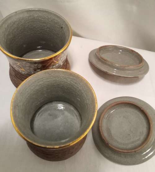 Two Exquisite vintage Japanese Kutani Yaki lidded jars with resist and cloisonne style glaze