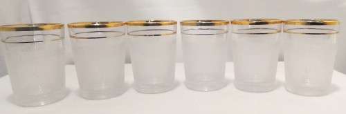 Six vintage sugar frosted gold rimmed shot glasses