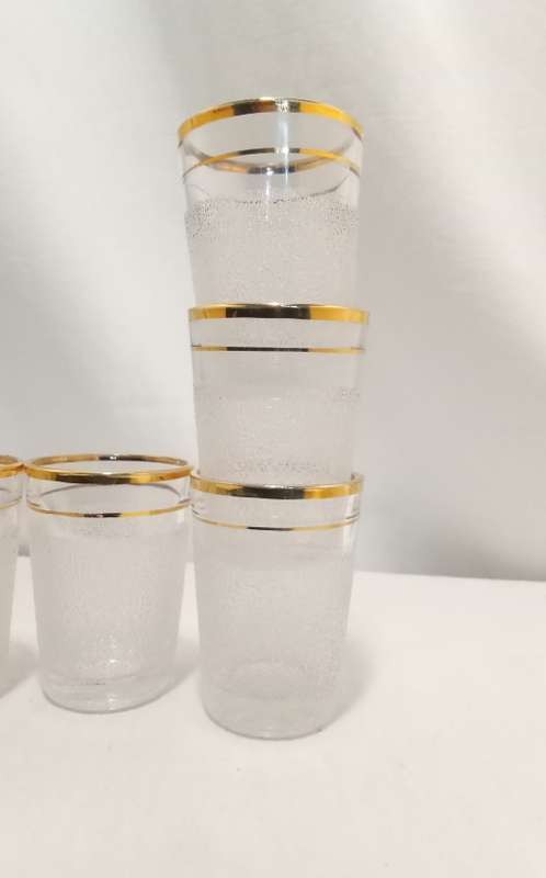 Six vintage sugar frosted gold rimmed shot glasses