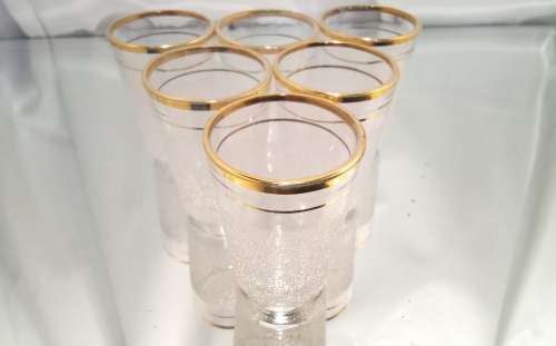 Six vintage sugar frosted gold rimmed shot glasses