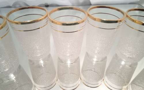 Six vintage sugar frosted gold rimmed shot glasses