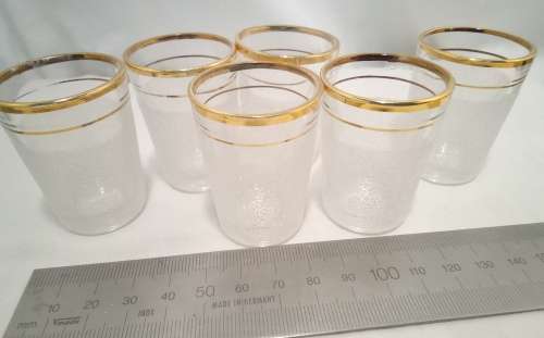 Six vintage sugar frosted gold rimmed shot glasses