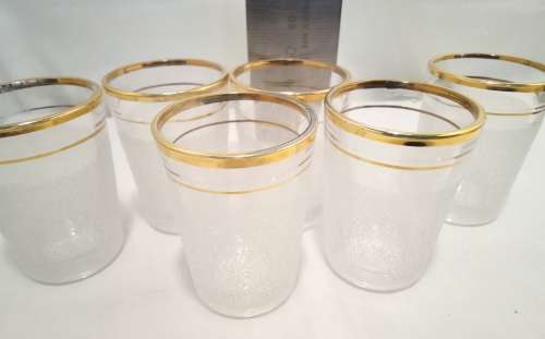Six vintage sugar frosted gold rimmed shot glasses