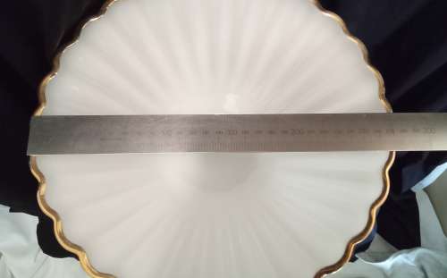 Gorgeous vintage large milk glass bowl with gold trim
