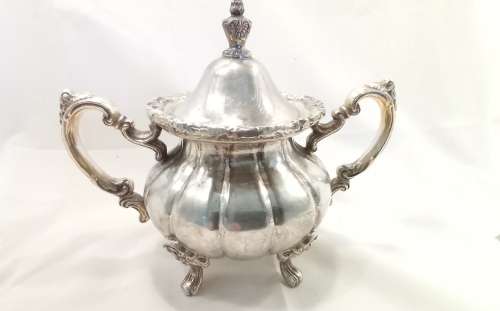 Magnificent & heavy silver plated teapot, milk and sugar