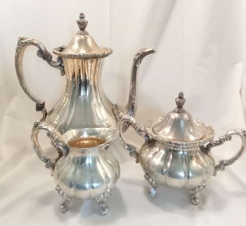 Magnificent & heavy silver plated teapot, milk and sugar