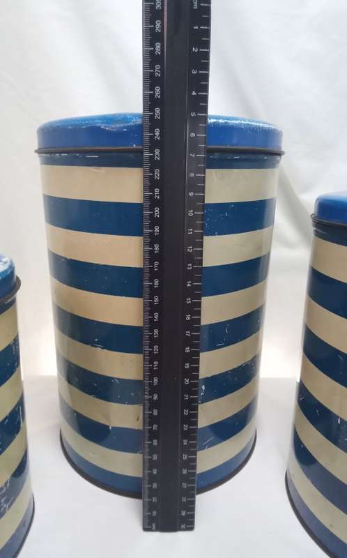 Three lovely Vintage Blue striped tins