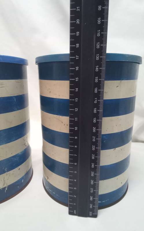Two Vintage Blue striped tins