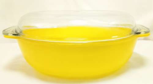What a find! Vintage Pyrex bright yellow clear glass casserole with lid.
