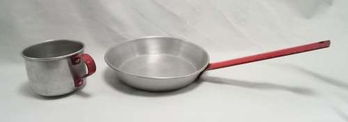 Miniature aluminium frying pan and cup