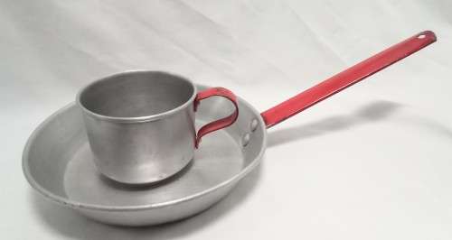 Miniature aluminium frying pan and cup