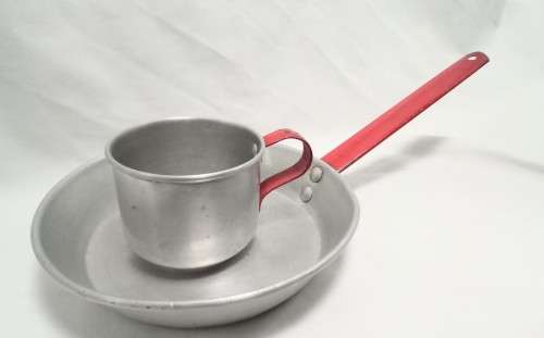 Miniature aluminium frying pan and cup