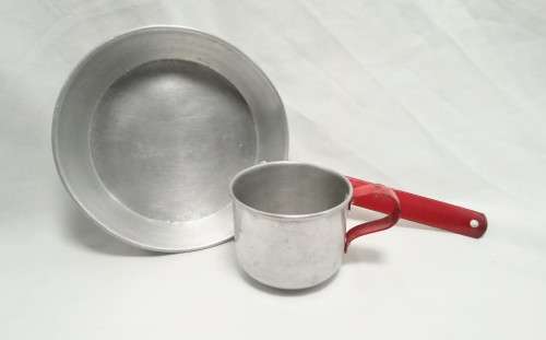 Miniature aluminium frying pan and cup