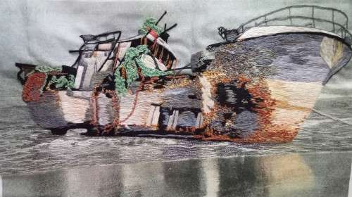 Stunning hand embroidered "Boat in the harbour"