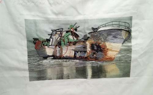 Stunning hand embroidered "Boat in the harbour"