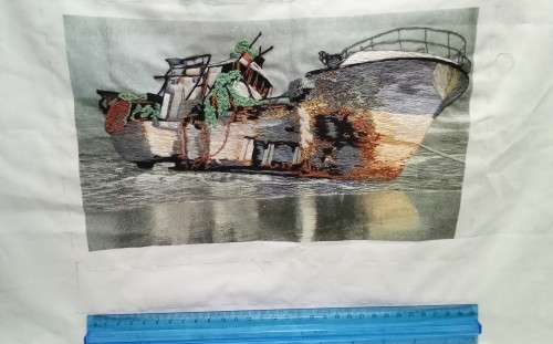 Stunning hand embroidered "Boat in the harbour"