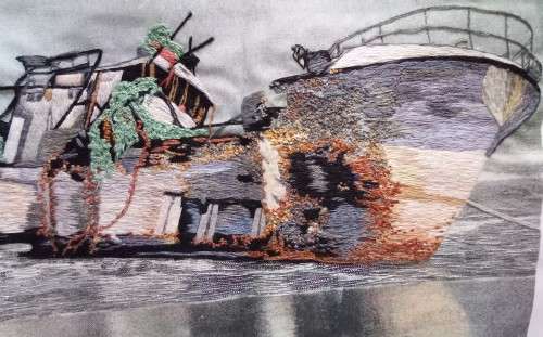 Stunning hand embroidered "Boat in the harbour"