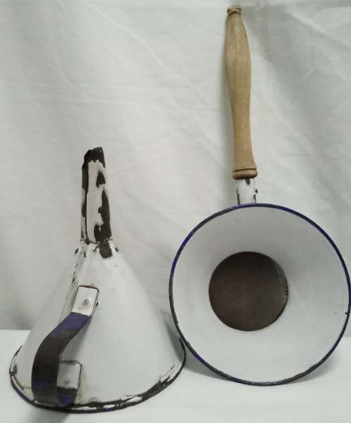 Vintage enamel sieve and funnel