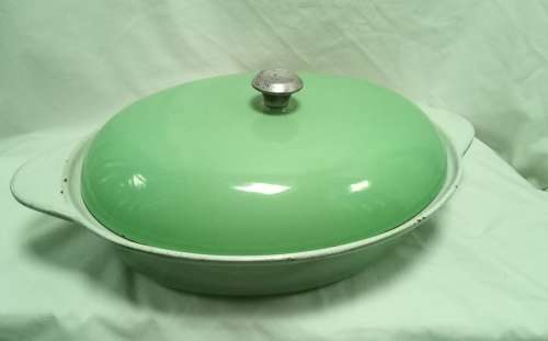 Wow! Vintage Green oval cast iron casserole dish with lid