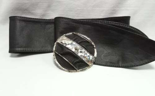 Vintage wide leather belt with separate buckle - Black round buckle