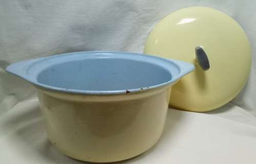 Vintage Yellow round cast iron casserole dish with lid