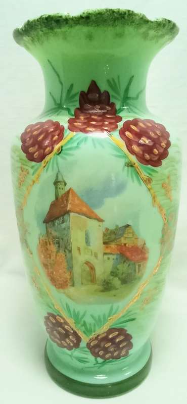Stunning antique mint green hand painted Jadeite glass vase