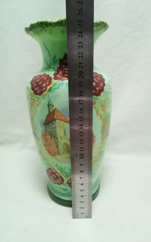 Stunning antique mint green hand painted Jadeite glass vase