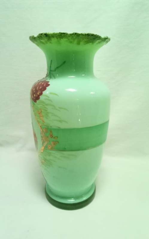 Stunning antique mint green hand painted Jadeite glass vase
