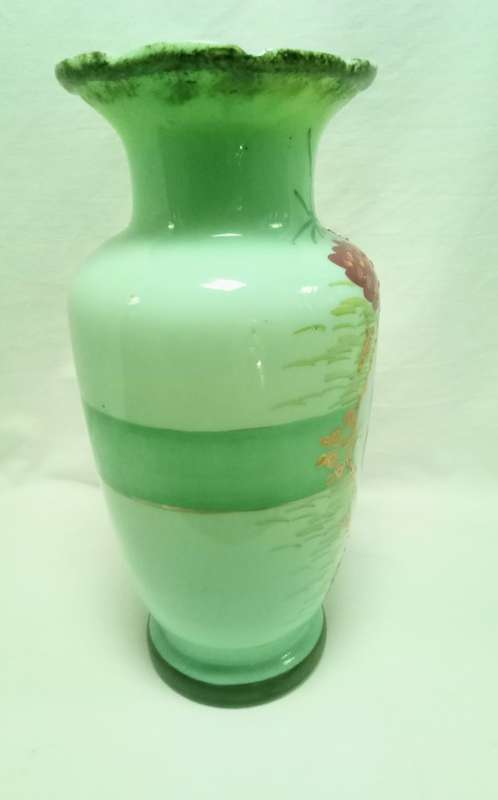Stunning antique mint green hand painted Jadeite glass vase