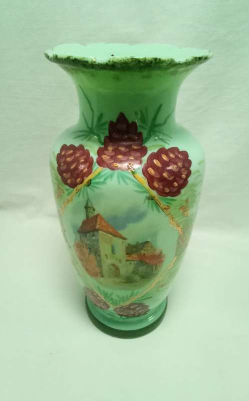Stunning antique mint green hand painted Jadeite glass vase