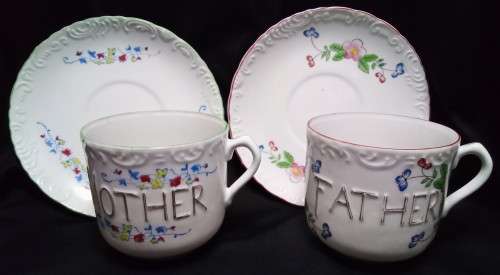 Gorgeous vintage `Father` & `Mother` teacups