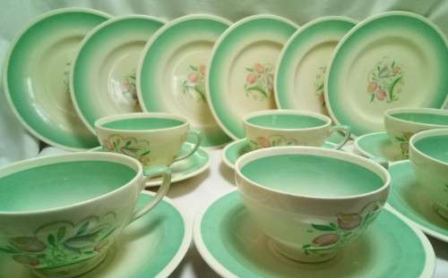 Susie Cooper Green Dresden Spray Tea Set