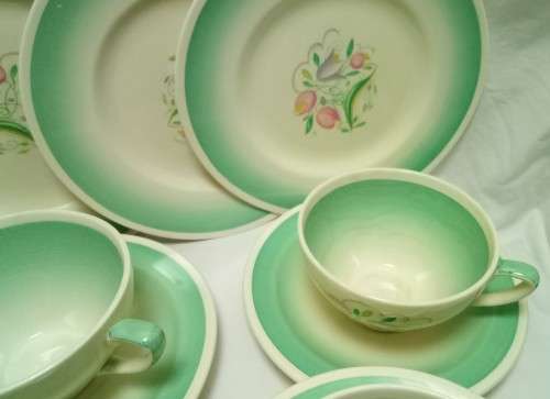Susie Cooper Green Dresden Spray Tea Set