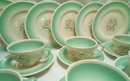 Susie Cooper Green Dresden Spray Tea Set