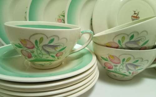 Susie Cooper Green Dresden Spray Tea Set