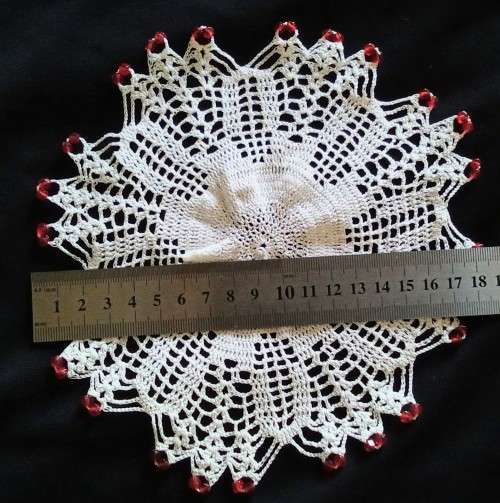 Round Vintage doilie with red beads