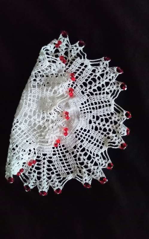 Round Vintage doilie with red beads