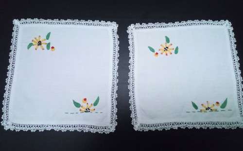 Two lovely small embroidered square doilies