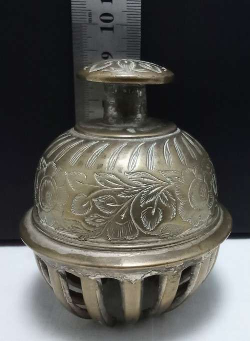 Rather large Vintage Brass Indian / Tibetan Elephant Claw Bell with etched leaves