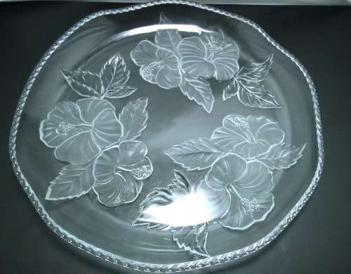 Heavy Vintage crystal glass large WP&G platter with hibiscus design