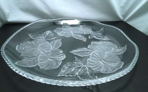 Heavy Vintage crystal glass large WP&G platter with hibiscus design
