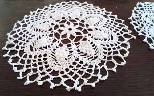 Two exquisite vintage crocheted doilies with grapes  - 15cms across