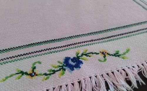 Pretty pink vintage tray cloth 49x35cms - with embroidery